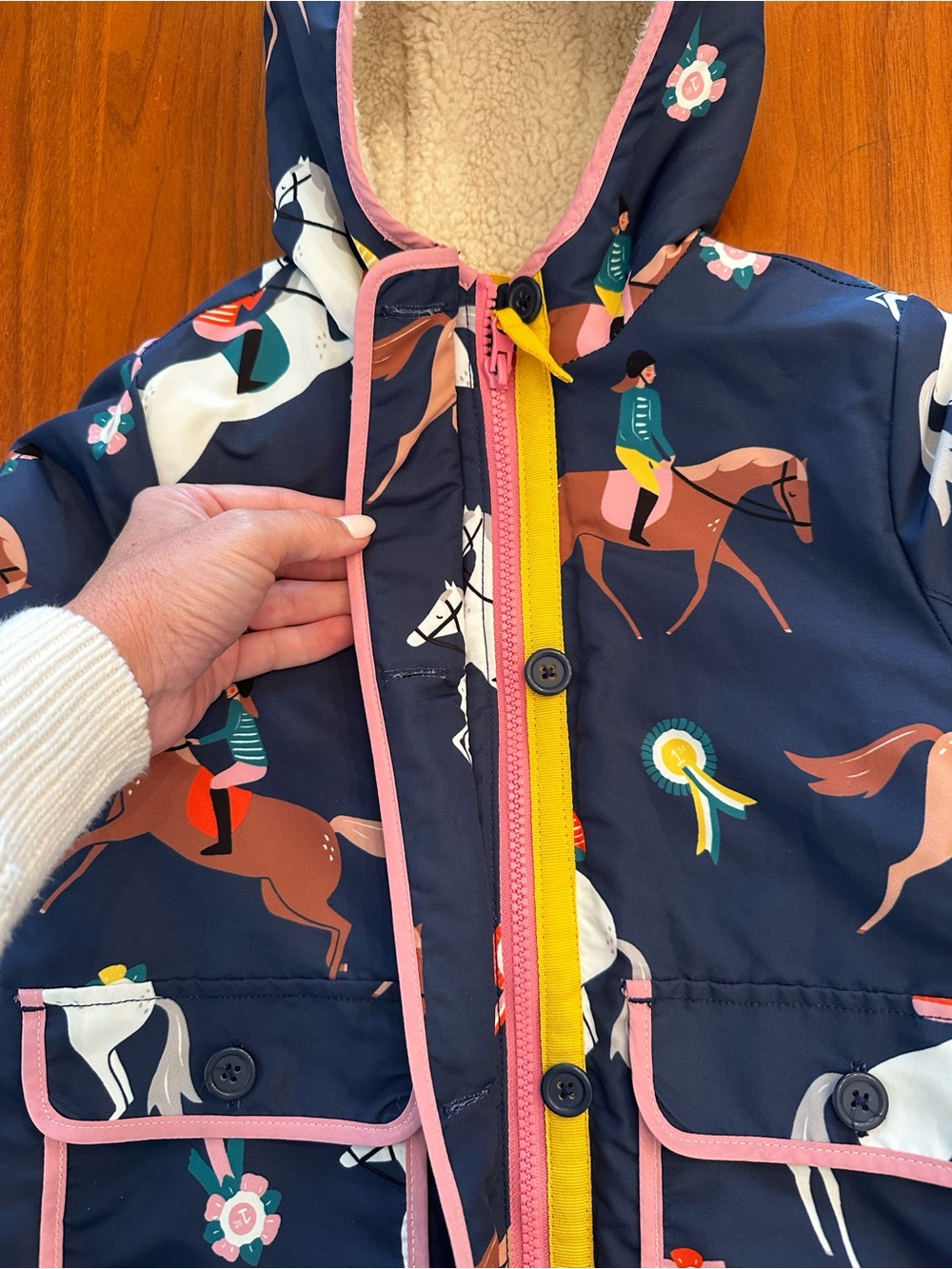 Mini Boden Navy Horse Equestrian Horse Show Print Jacket with Pink Trim size 4-5 - Picture 3 of 7